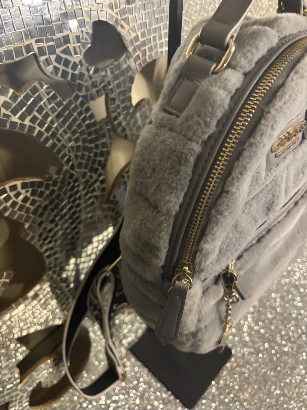 💕GUESS Gray Faux-Fur Mini Backpack